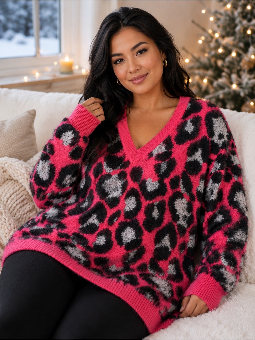 Torrid Neon Pink Leopard Print Fuzzy Sweater Size 3 Soft Eyelash Knit V-Neck - Picture 2 of 7